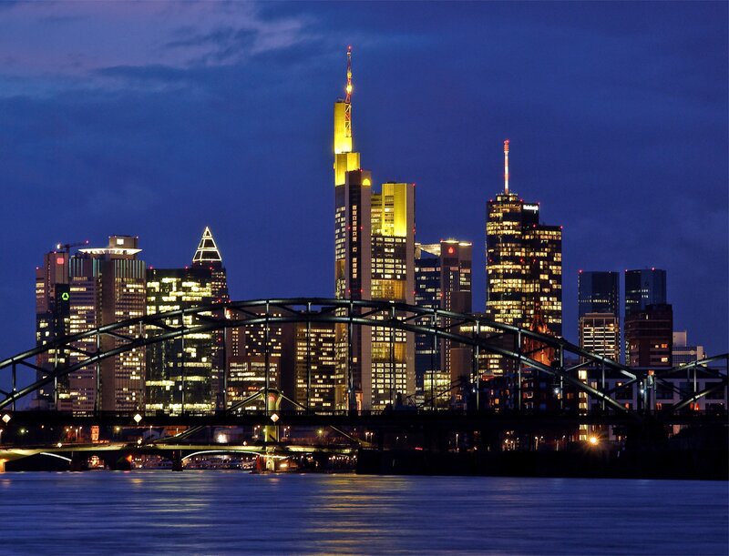 Frankfurt Skyline at Night — Blue, Dramatic, Photograph, Bridge