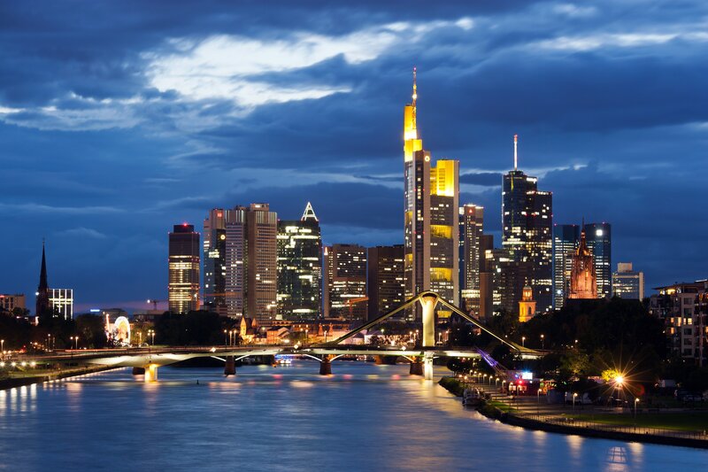 Frankfurt Skyline at Night — Blue, Dramatic, Photograph