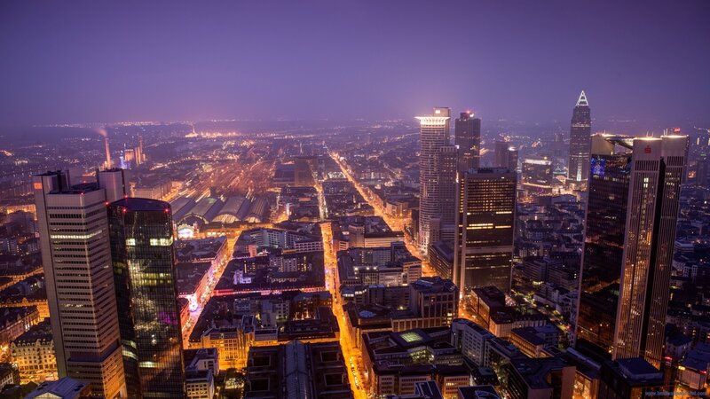 Frankfurt Skyline at Night — Purple, Dramatic, Photograph, Skyscrapers