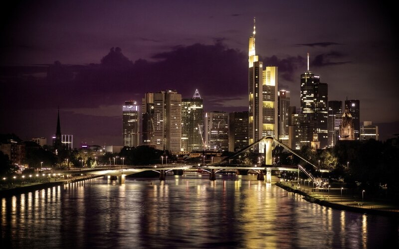 Frankfurt Skyline at Night — Purple, Dramatic