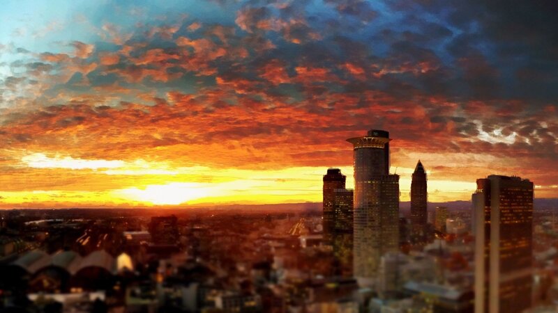 Frankfurt Skyline at Sunset — Orange, Dramatic, Photograph, Skyscrapers, Clouds