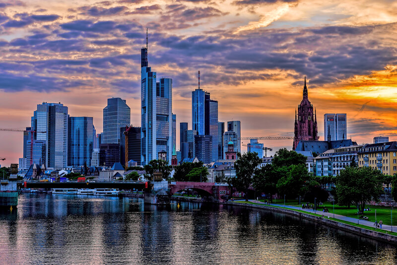 Frankfurt Skyline at Sunset — Orange, Dramatic, Photograph