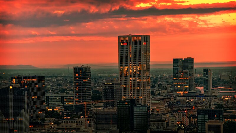 Frankfurt Skyline at Sunset — Red, Dramatic