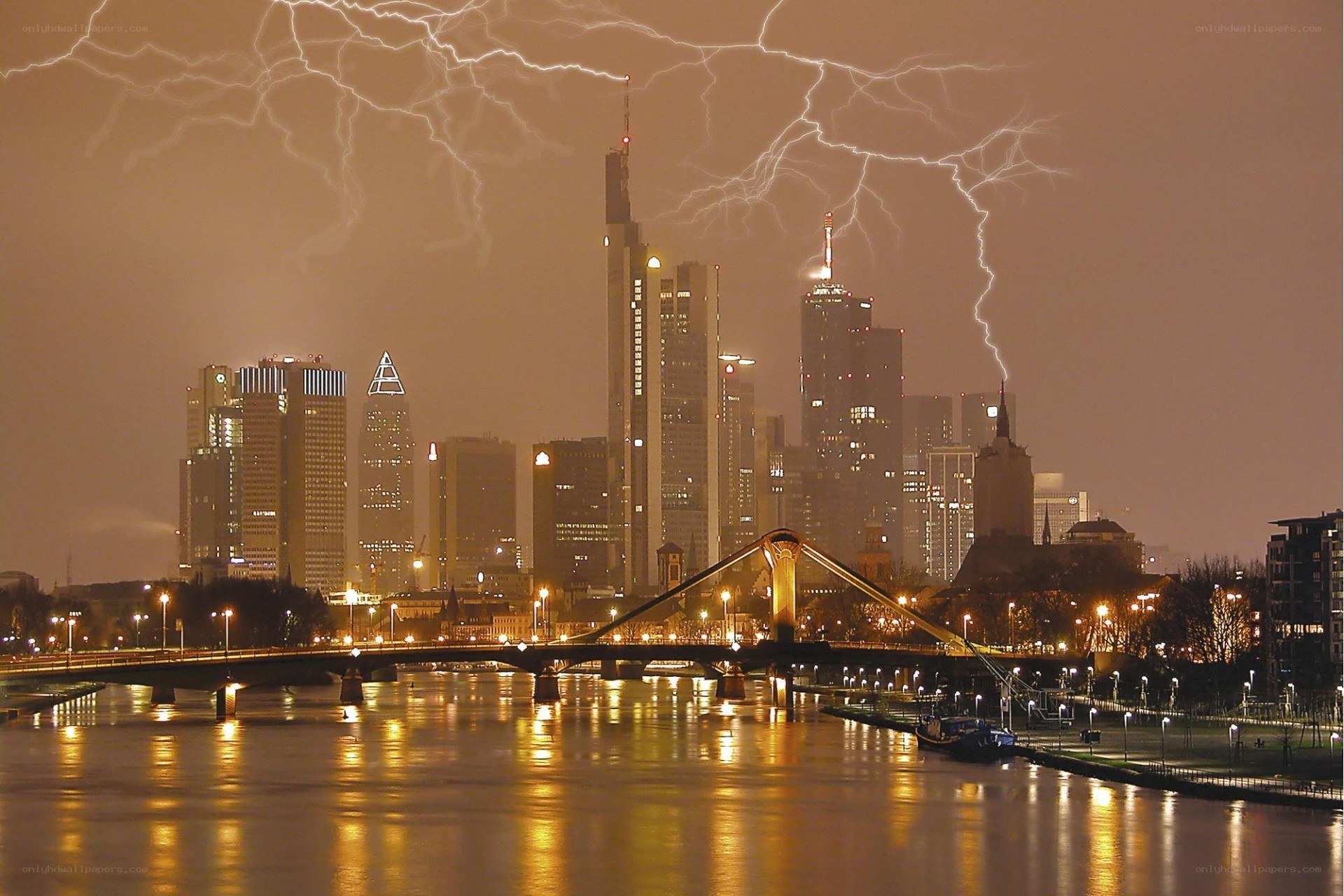 Frankfurt skyline during lightning storm