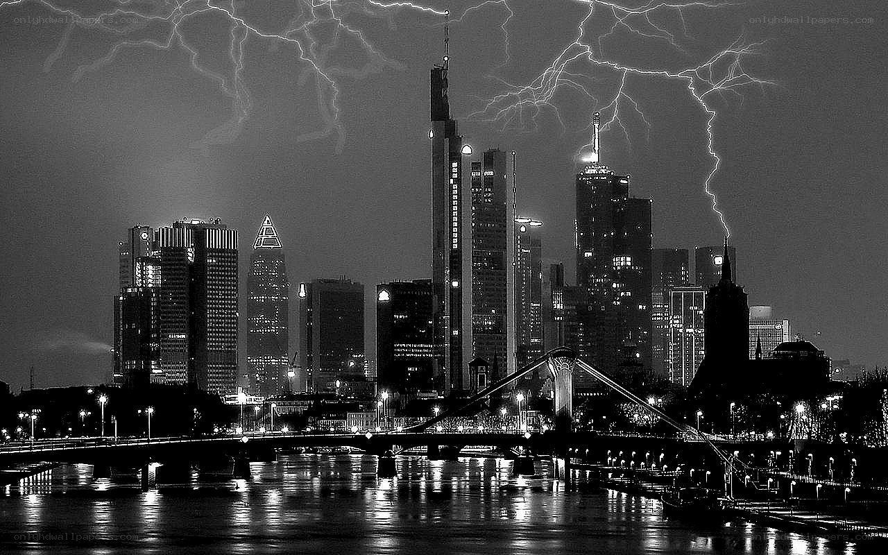 Frankfurt skyline during thunderstorm