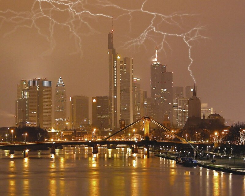 Frankfurt skyline during thunderstorm