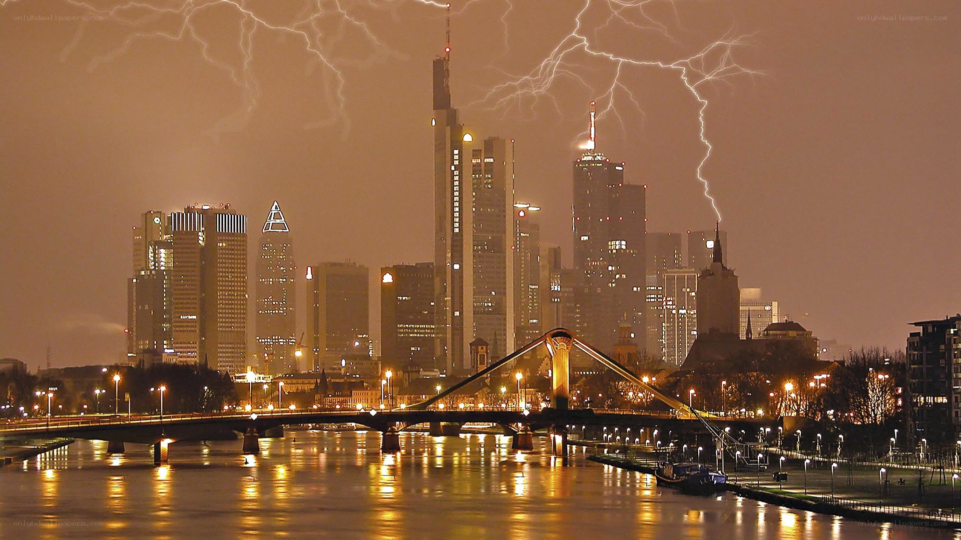 Frankfurt skyline during thunderstorm