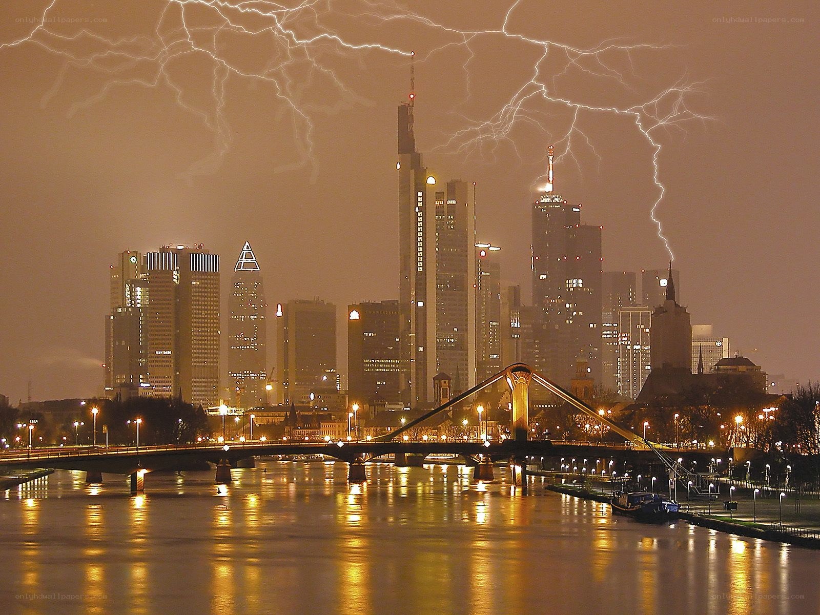 Frankfurt skyline during thunderstorm