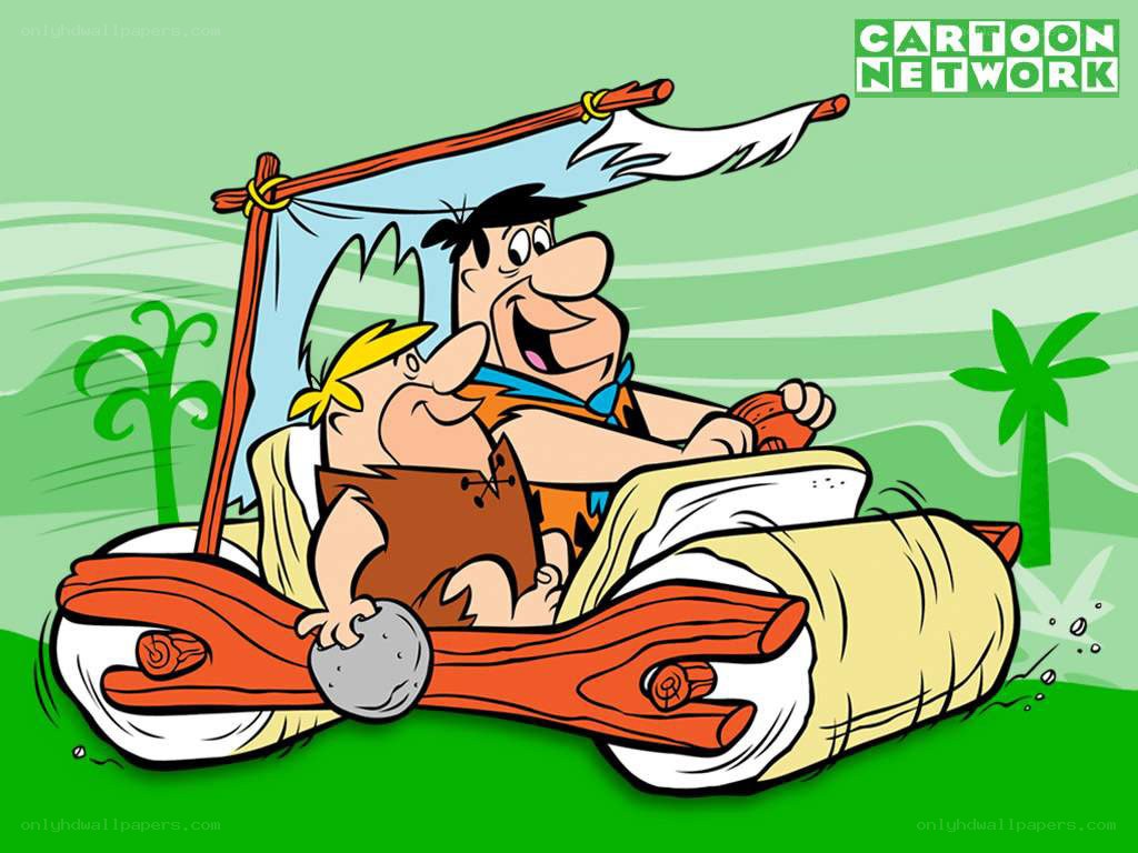 Fred and Barney in the Flintmobile