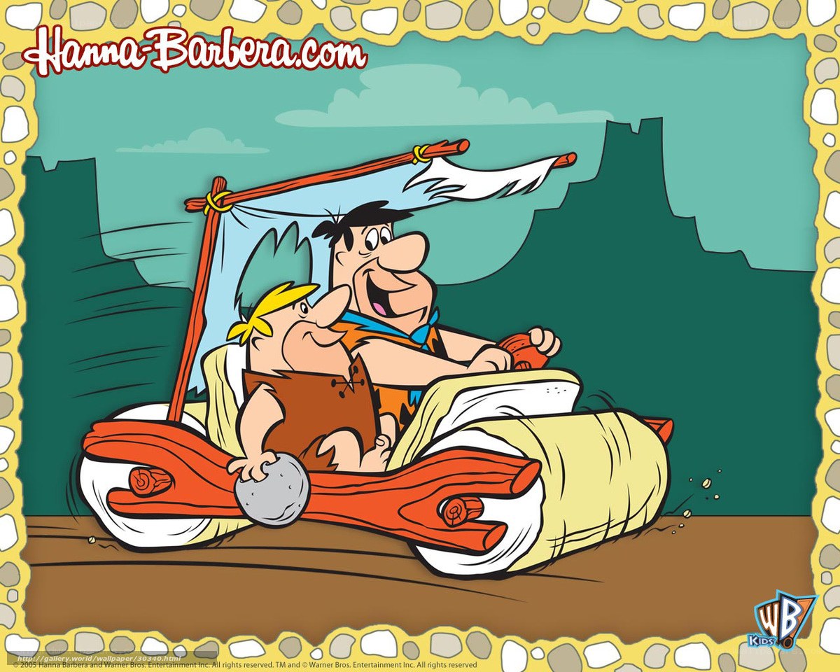 Fred and Barney in the Flintmobile