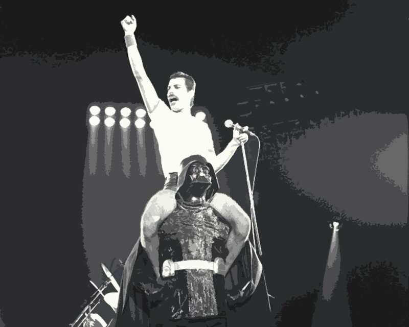 Freddie Mercury on stage with Darth Vader