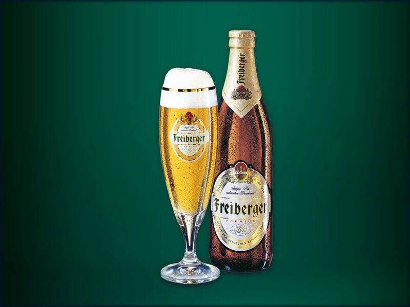 Freiberger beer bottle and glass