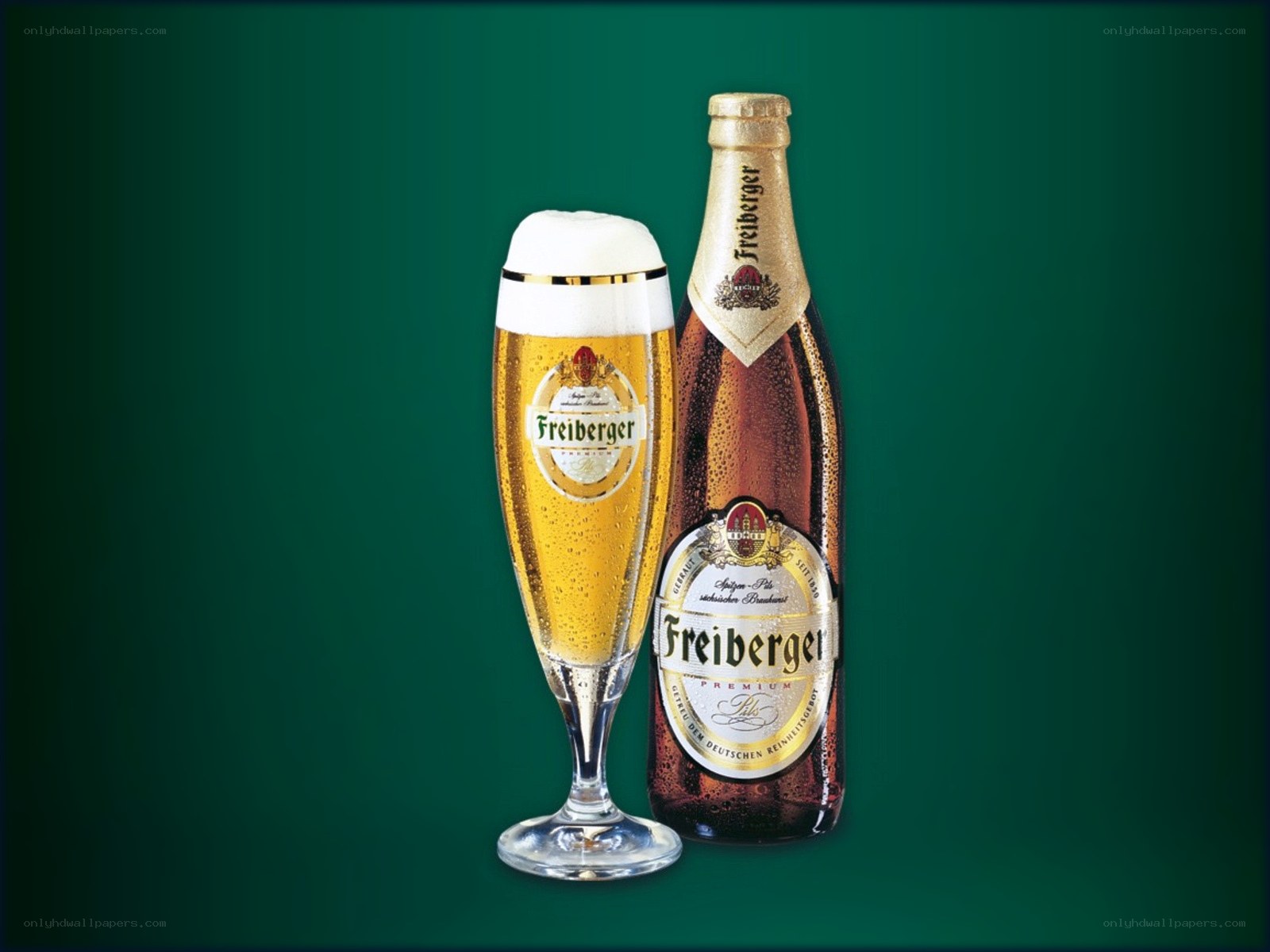 Freiberger beer bottle and glass