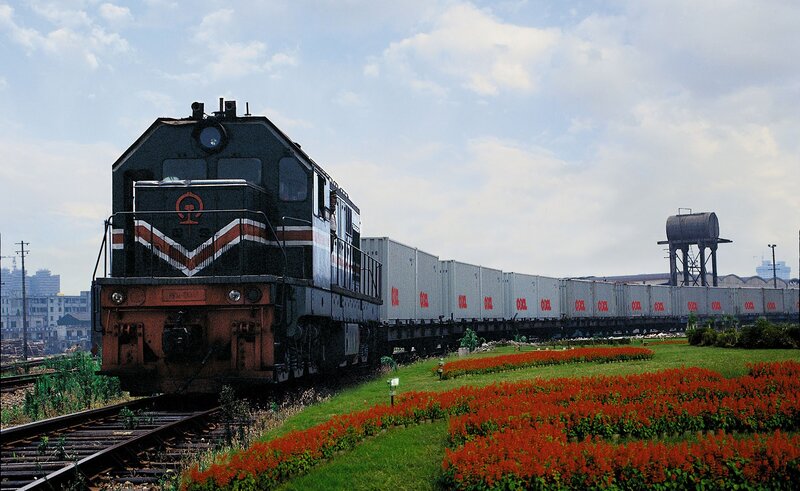 Freight train at a station