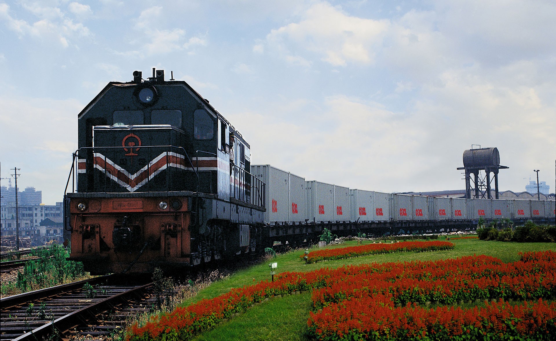 Freight train at a station