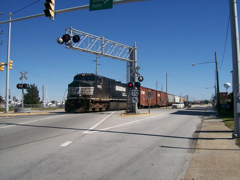 Freight Train at Crossing — Blue