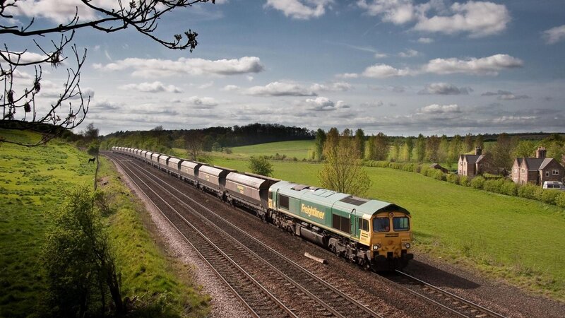 Freight Train on Tracks — Green, Serene