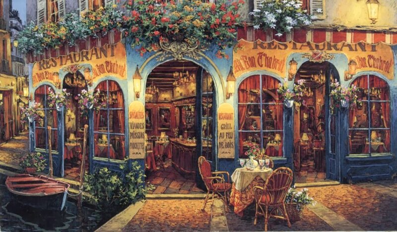 French Restaurant Facade — Blue, Cozy, Night