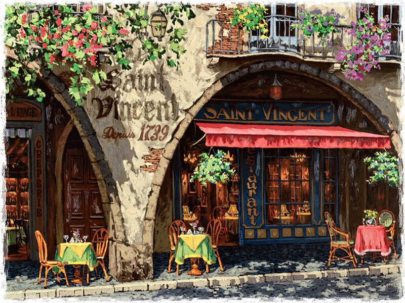 French Restaurant Facade — Blue, Cozy