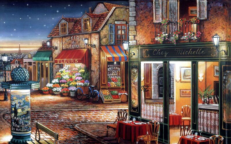French Street Scene at Night — Brown