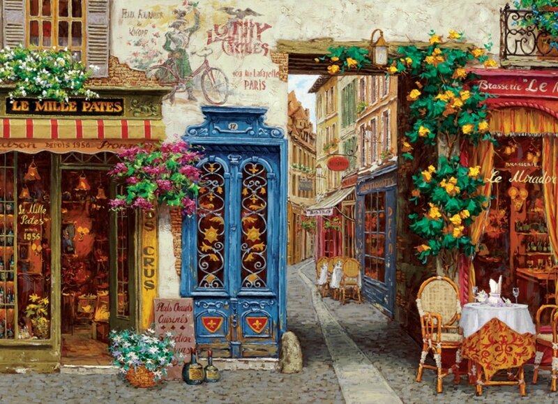 French Street Scene — Blue, Vibrant, Afternoon, Painting