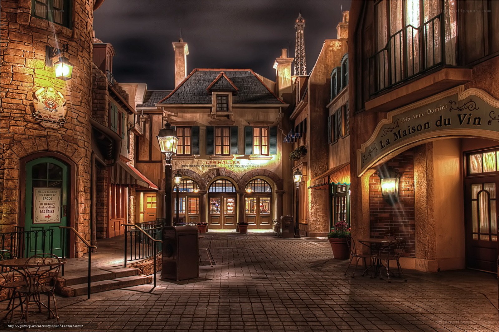 French-themed street at night