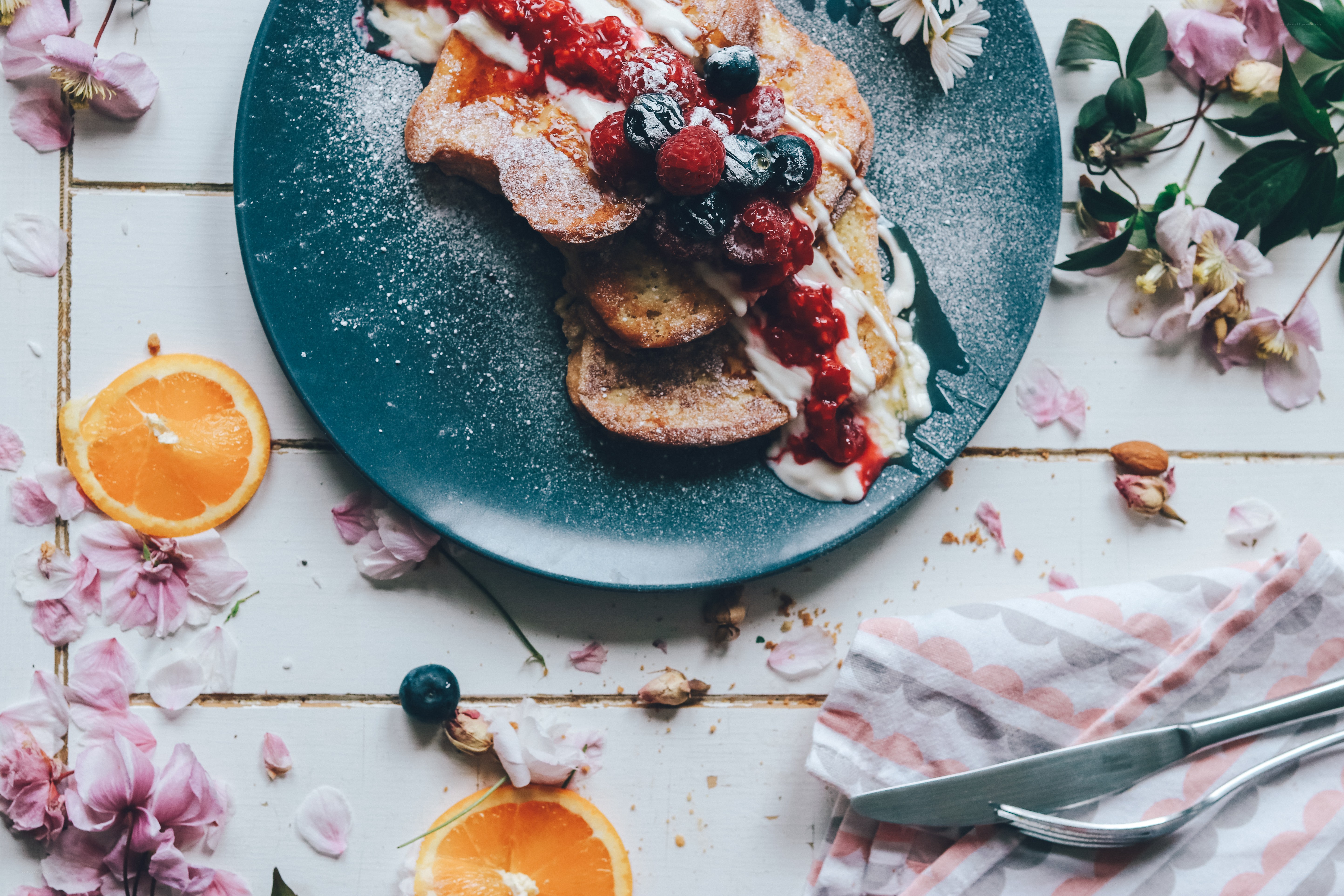French toast with berries and flowers