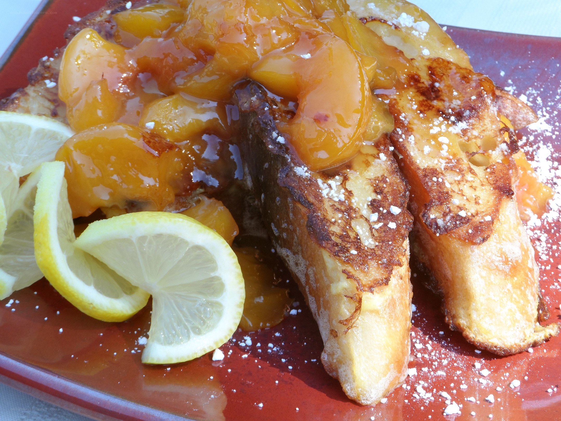 French toast with peaches and lemon