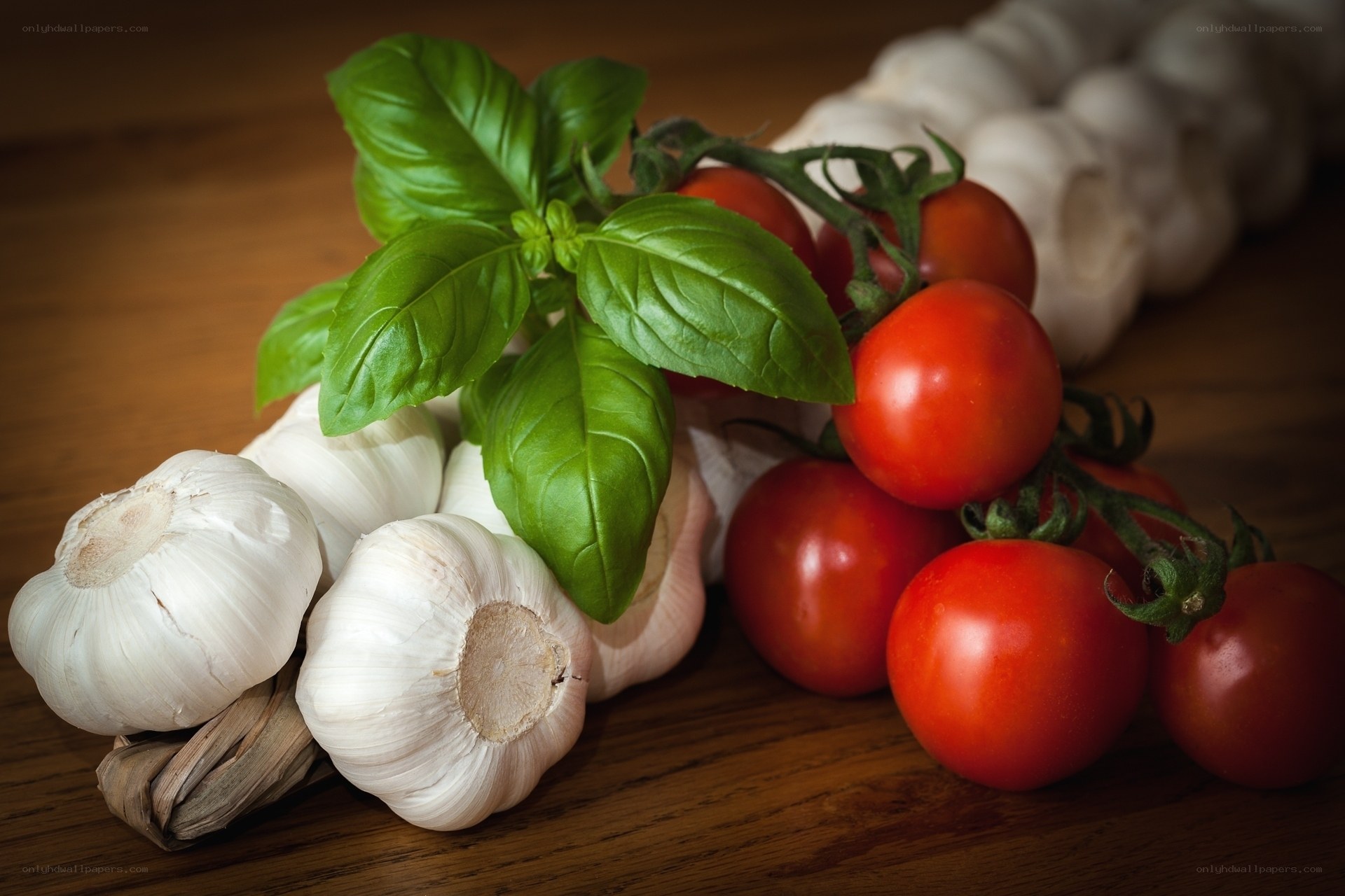 Fresh basil, tomatoes, and garlic