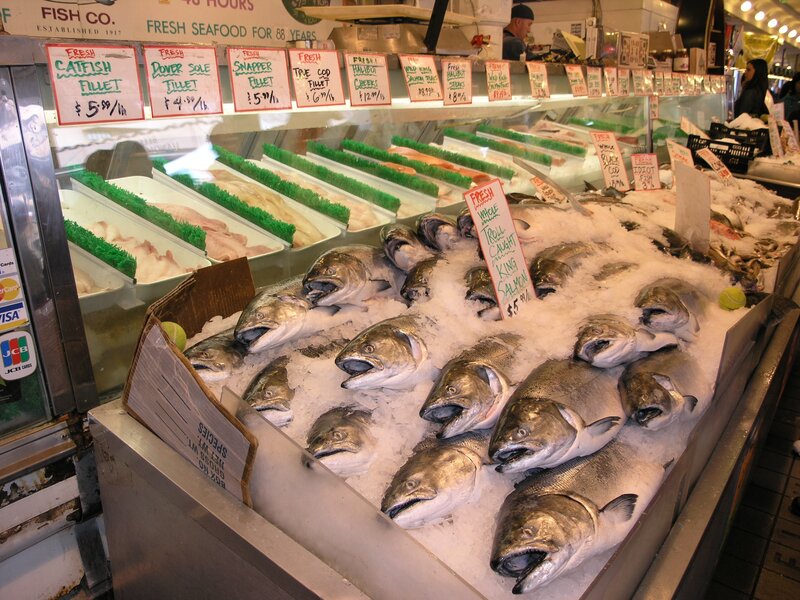 Fresh fish display at a seafood market