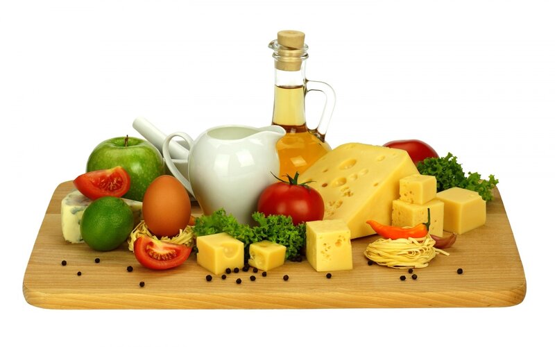 Fresh food ingredients on a cutting board