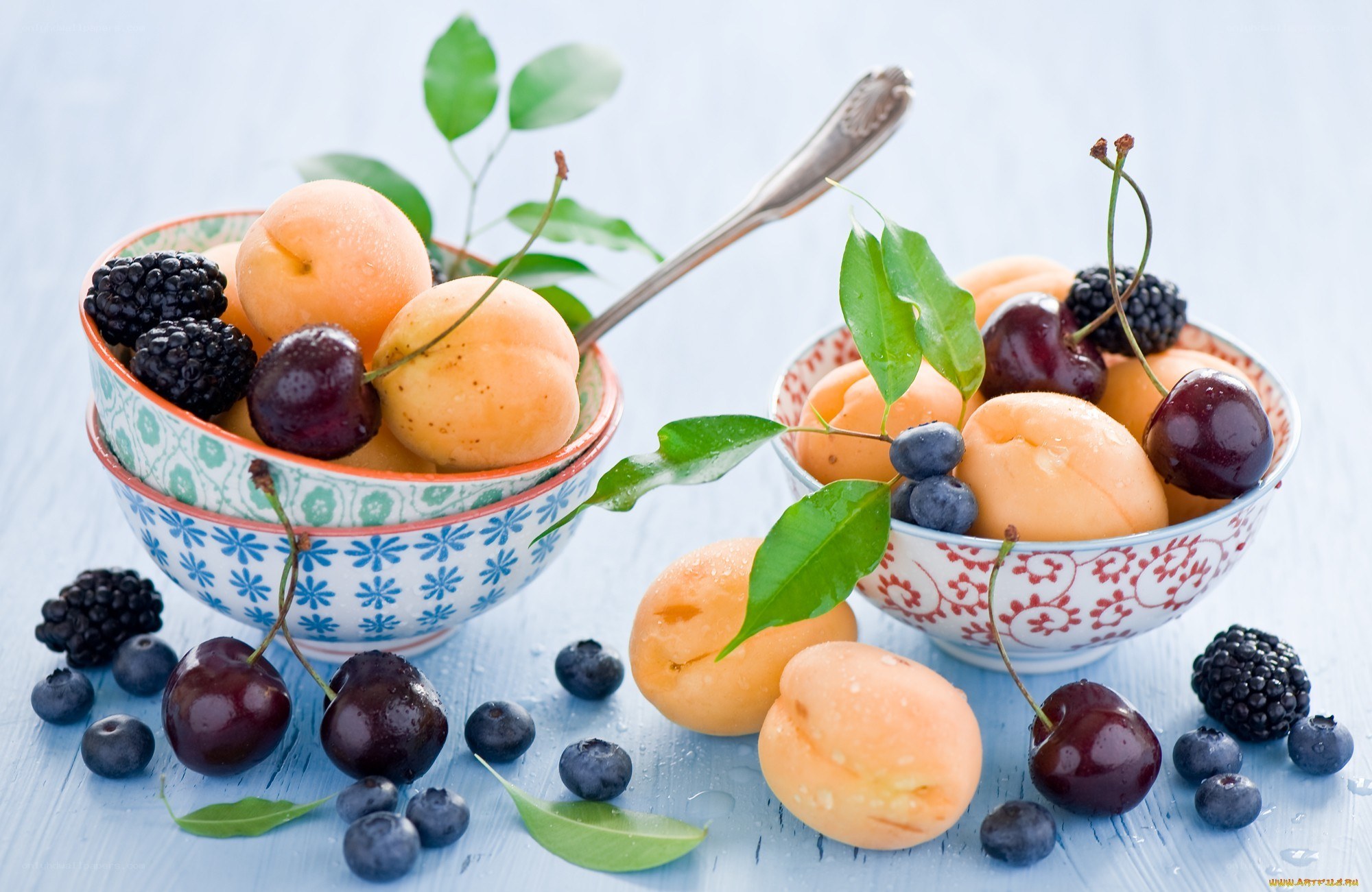 Fresh fruit in decorative bowls