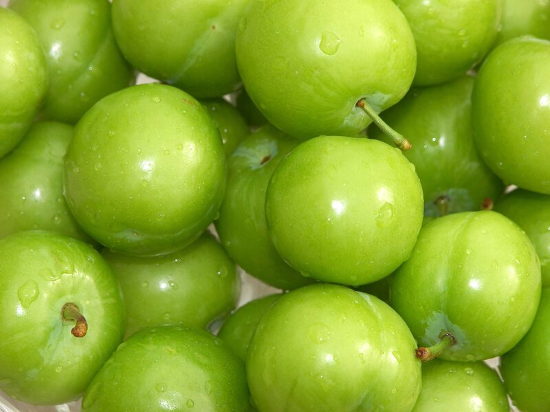 Fresh green plums with water droplets