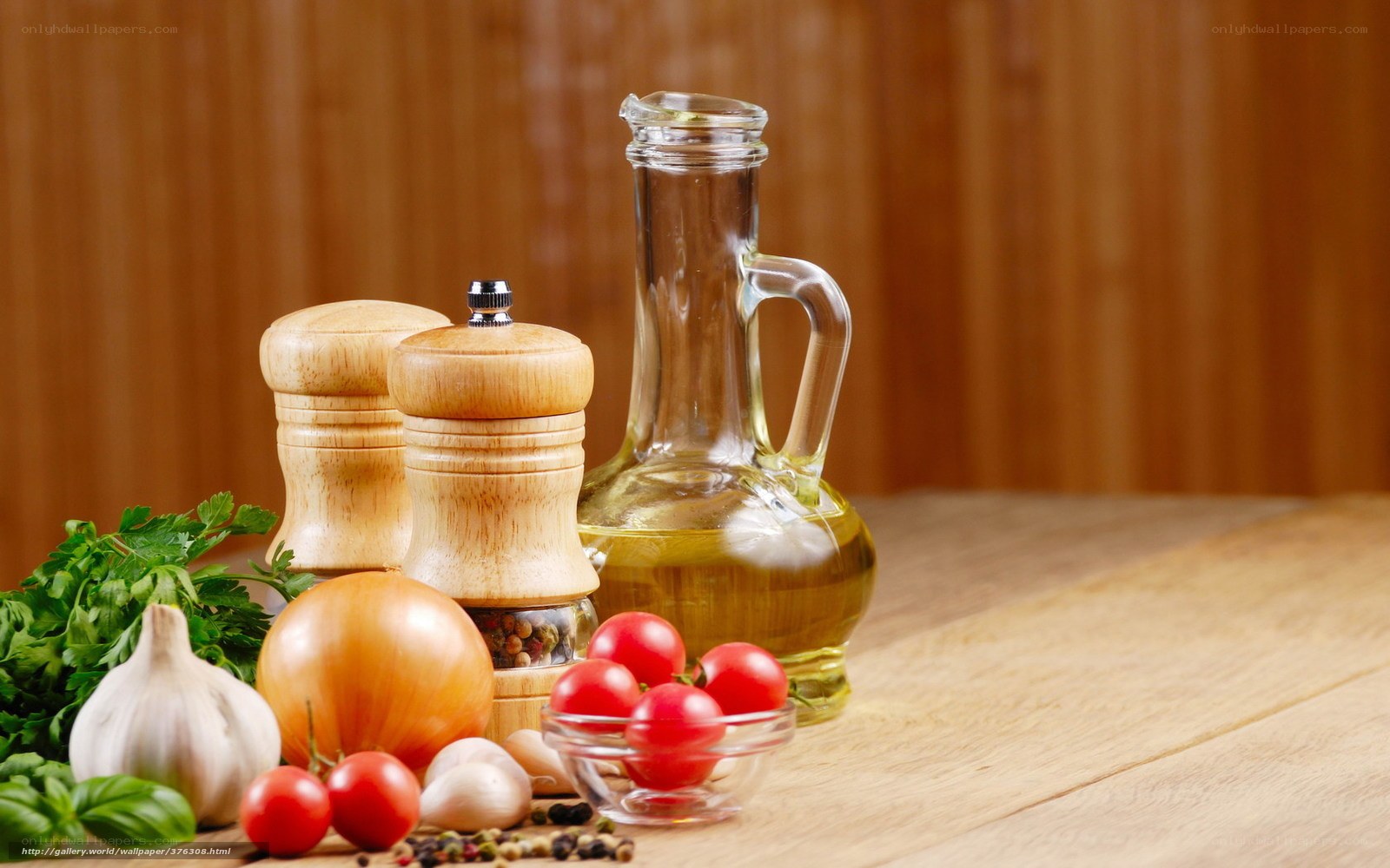 Fresh kitchen ingredients on wood