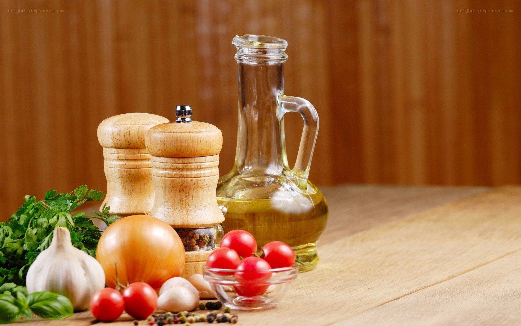 Fresh kitchen ingredients on wooden table