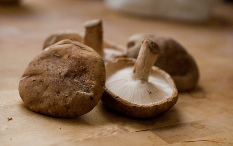 Fresh mushrooms on a wooden surface
