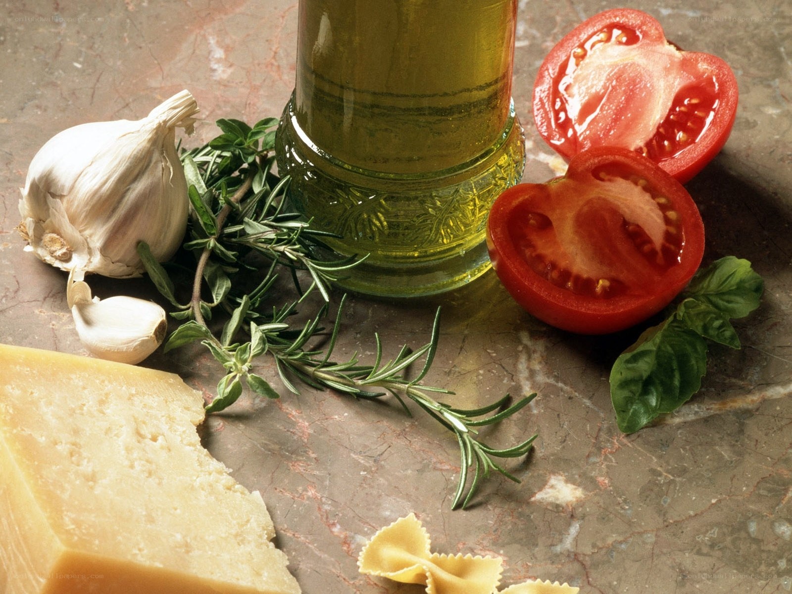 Fresh pasta ingredients on marble