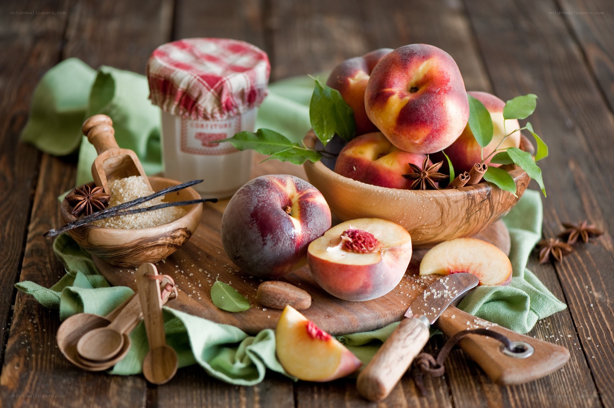 Fresh peaches and baking ingredients