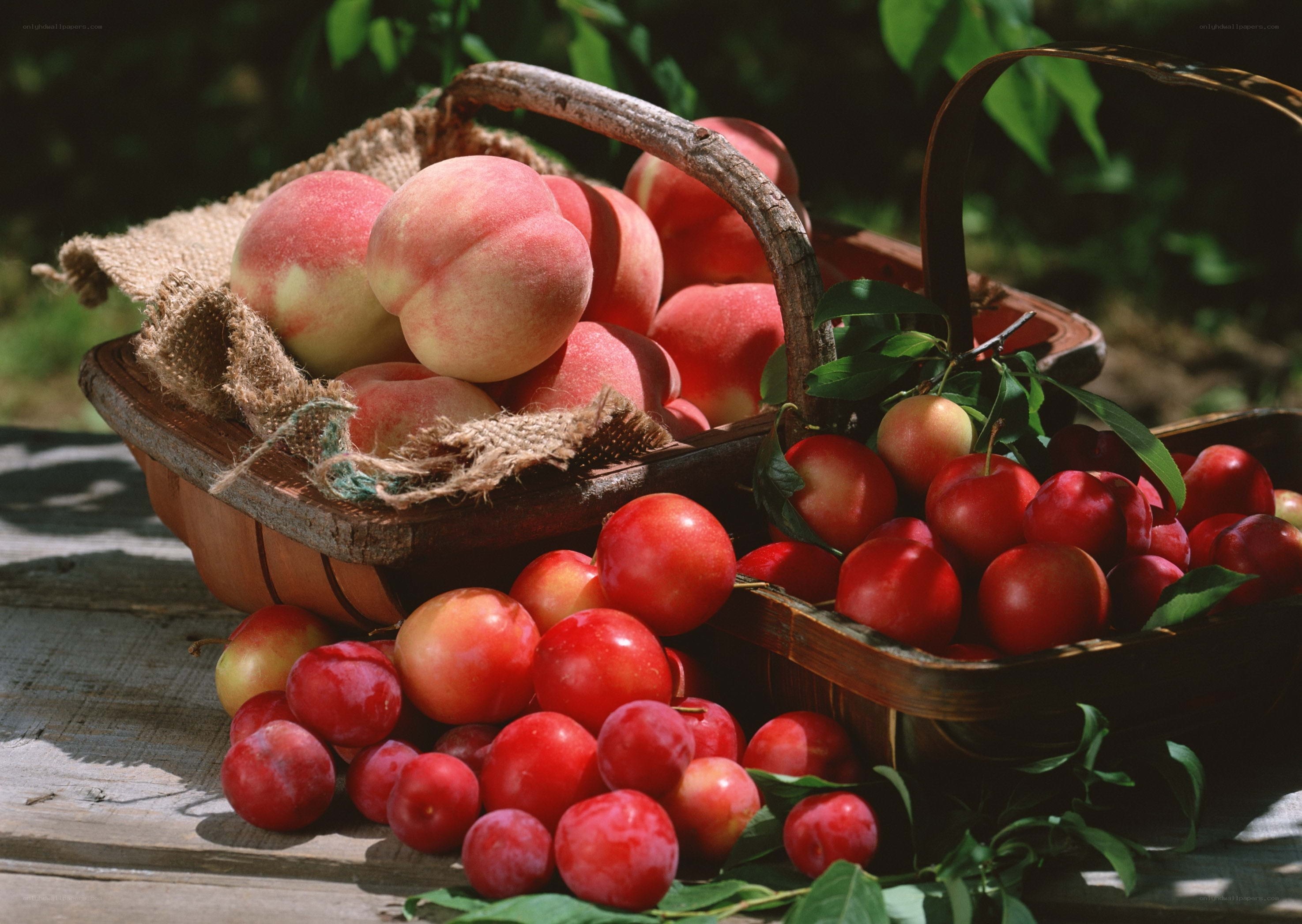 Fresh peaches and plums in baskets