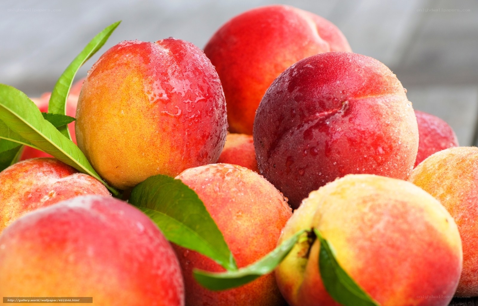 Fresh peaches with leaves