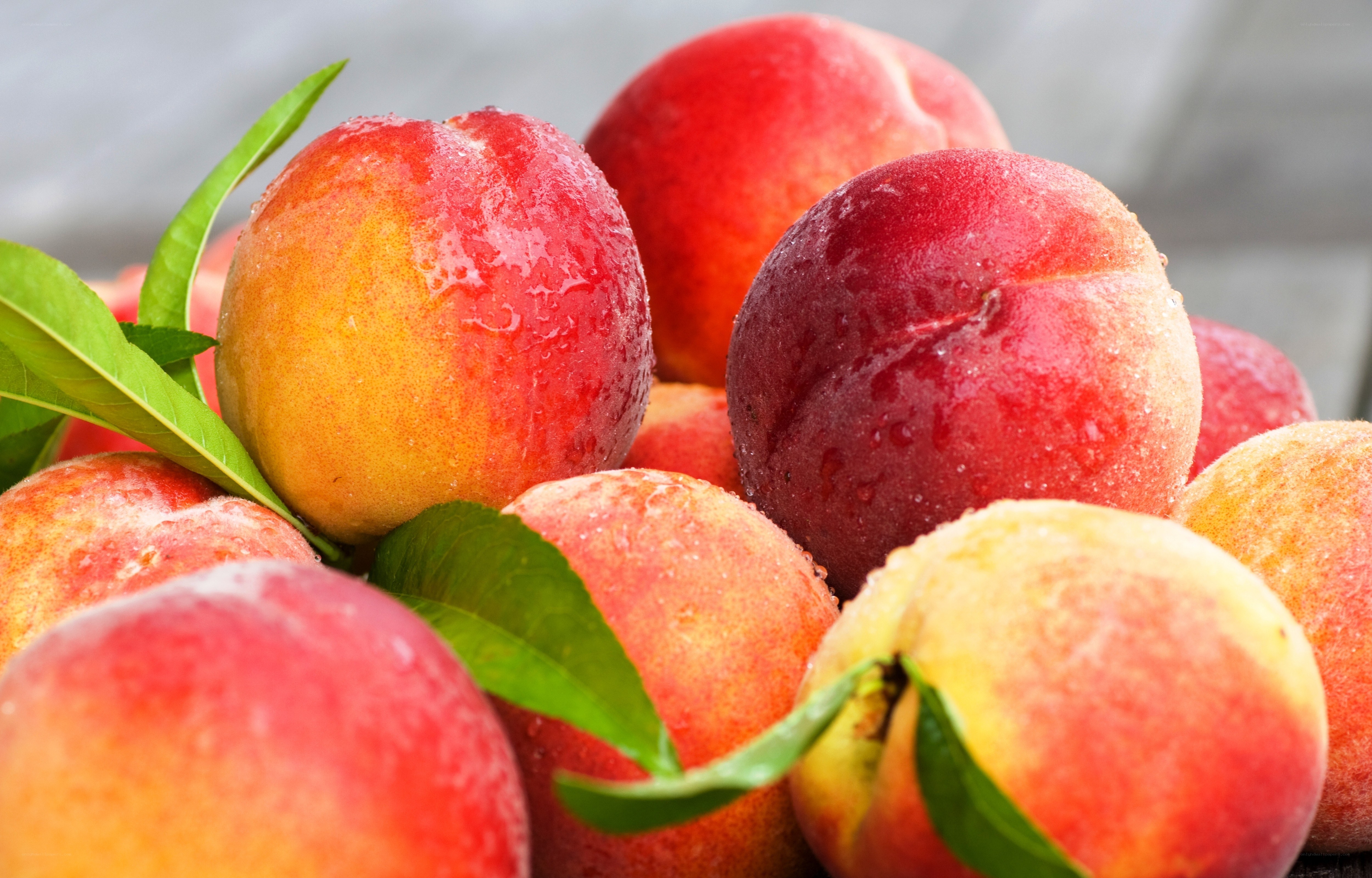 Fresh peaches with leaves