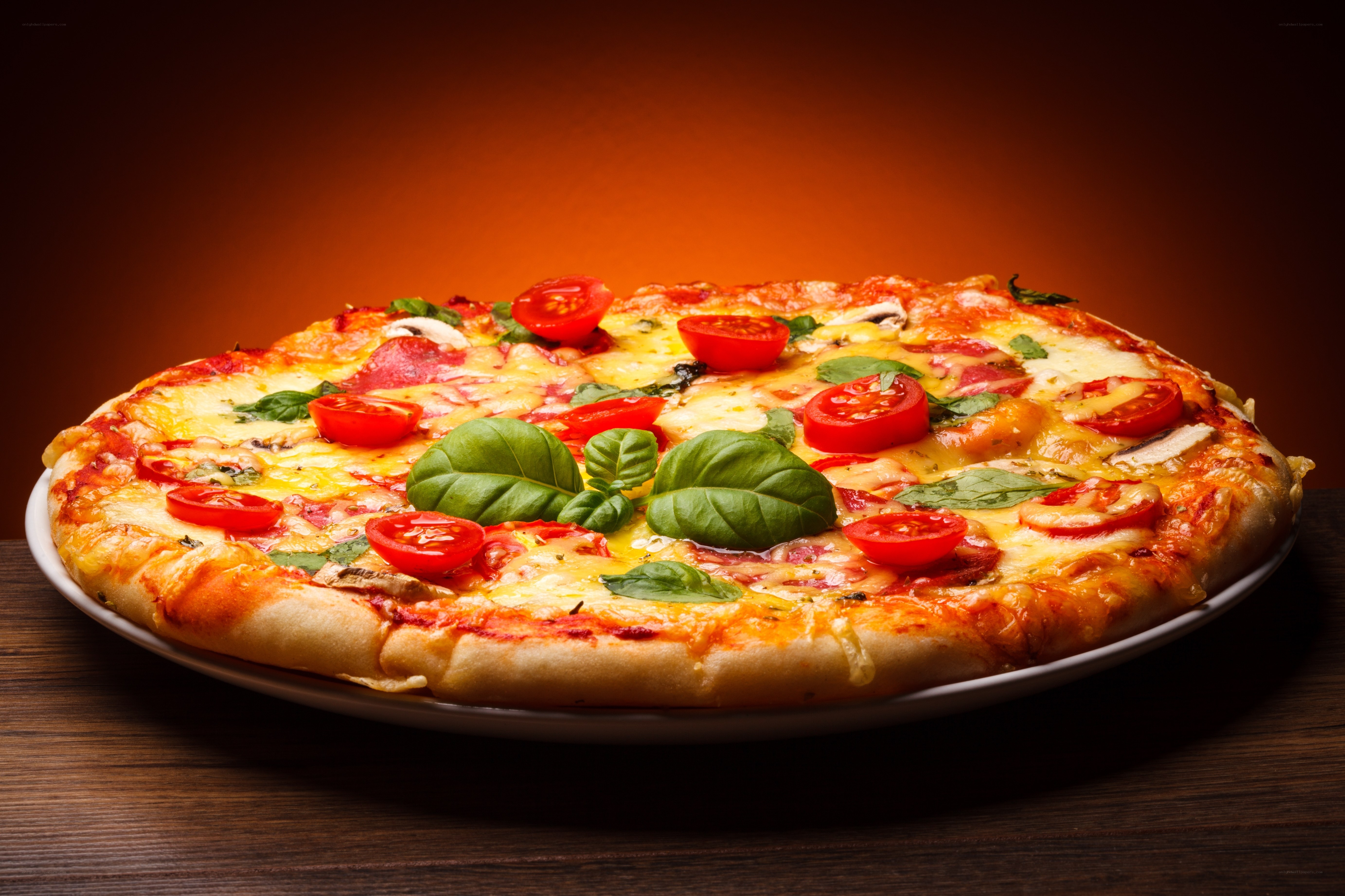 Fresh pizza with tomatoes and basil