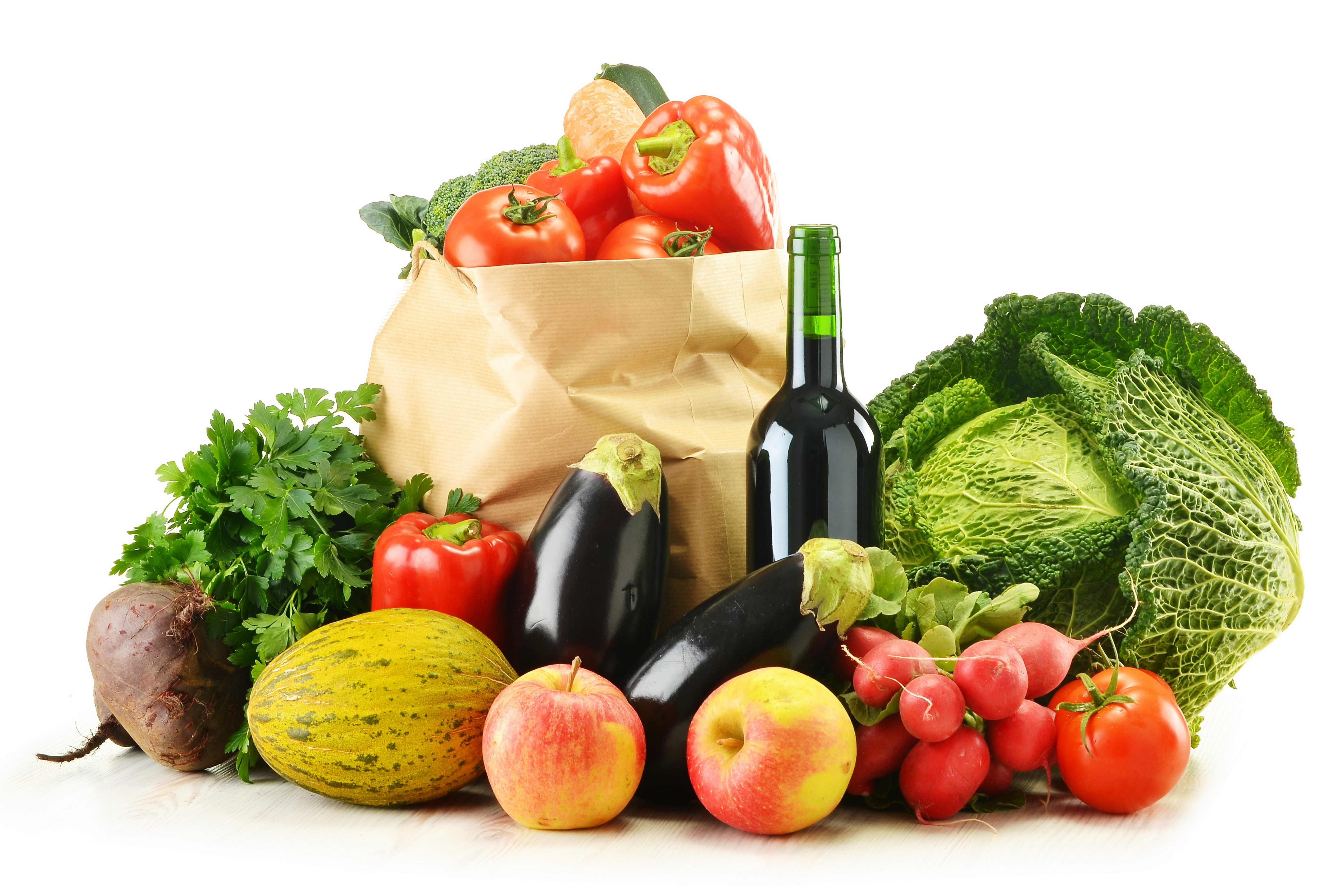 Fresh produce and wine bottle