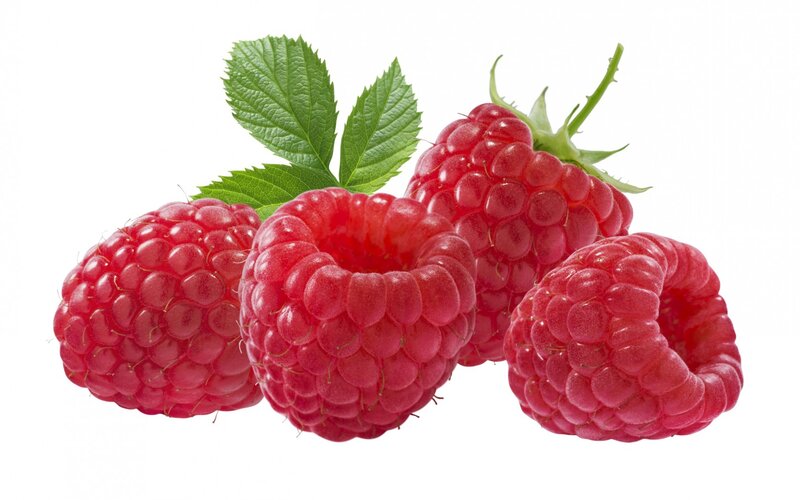 Fresh Raspberries with Leaves — Red
