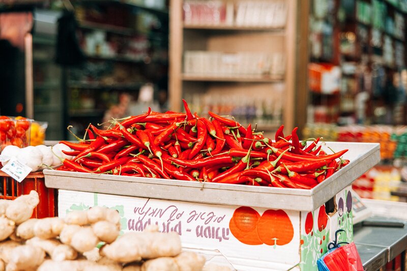 Fresh red chilies at market
