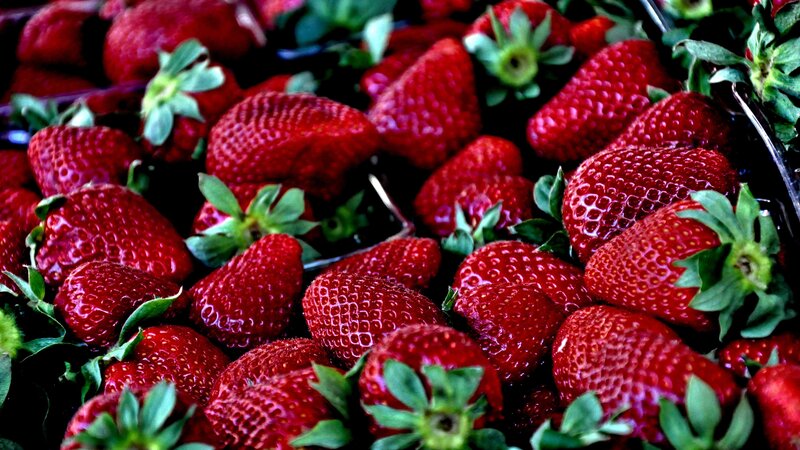 Fresh Red Strawberries — Natural, Photograph, Green Leaves, Basket