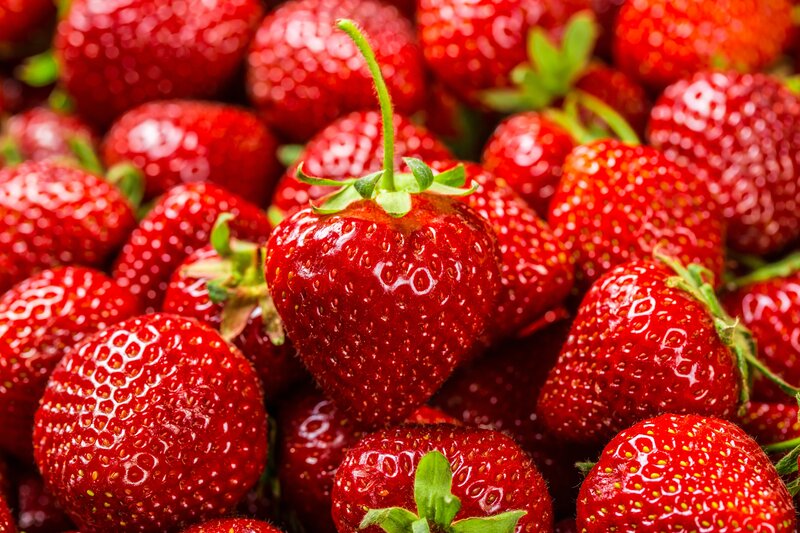 Fresh Red Strawberries — Natural, Photograph, Green Stems