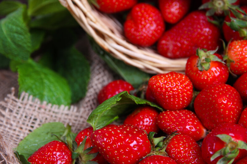 Fresh Strawberries in Basket — Red, Natural, Photograph, Mint Leaves