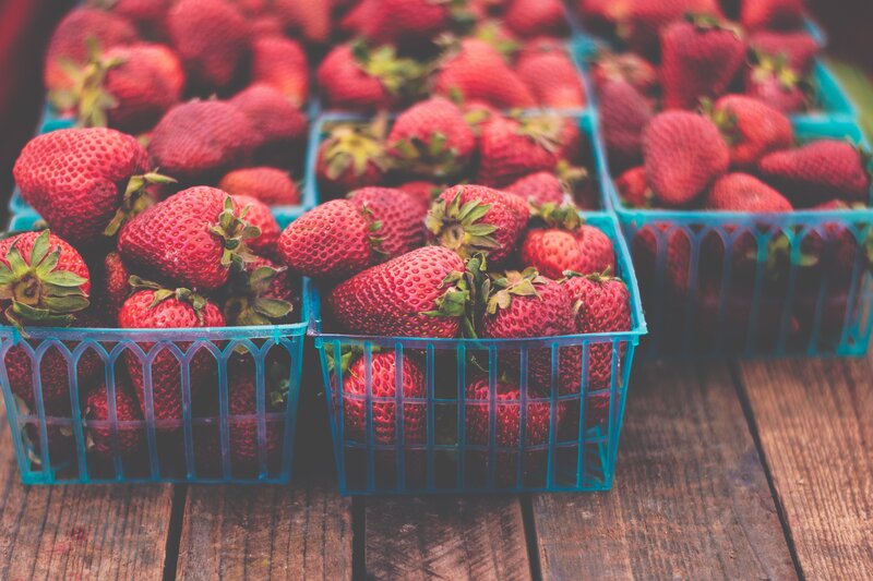 Fresh strawberries in baskets