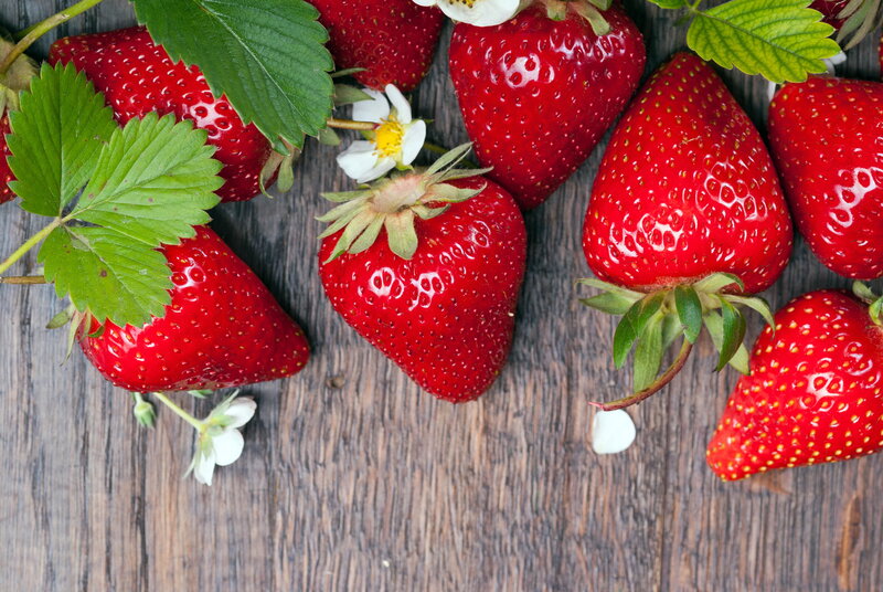 Fresh Strawberries on Wood — Red, Natural, Photograph, Leaves